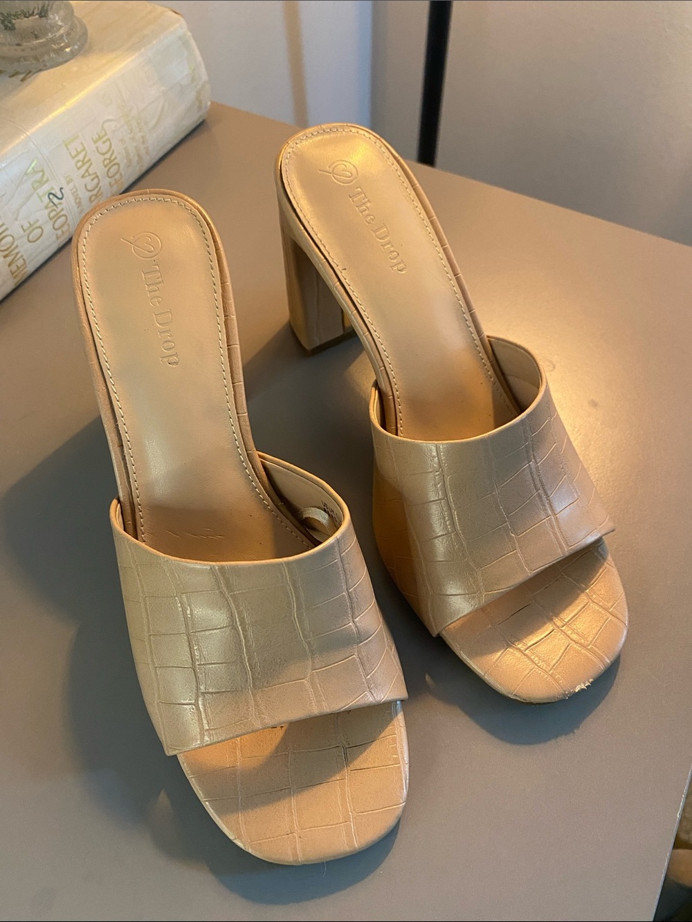 The Drop Women's Croc-Embossed Tan Block Heel Mules w/gold accent.